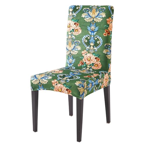 Image of HOKIPO Premium Printed Velvet Dining Chair Cover Set of 1, Green Victorian Garden (AR-5794-D4)