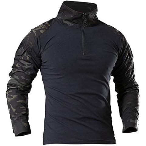 Men's Military Tactical Long Sleeve Shirt Breathable Hunting Combat T Shirts Quick Dry Outdoor Tops 1/4 Front Zip Camouflage Airsoft Shirts Black CP L Cover