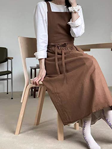 Cute Retro Cotton Linen X-Back Aprons Home Kitchen Garden Art Painting Pinafore Florist Shop Overalls (Dark Brown, 42"L) #TOP1