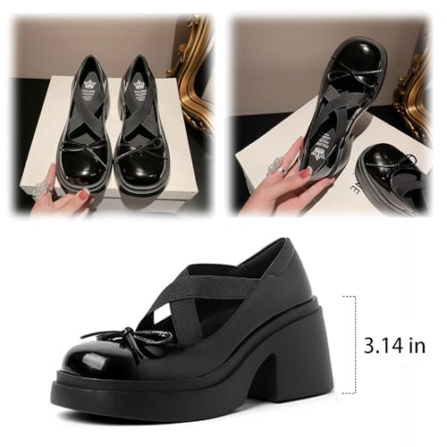 Women’S Patent Leather Bow Chunky Heel Mary Jane Pumps,Comfort Round Toe X-Strap Block Mid Heel Dress Shoes,for Casual Party Uniform shoes3