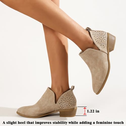 JITUUE Ankle Boots for Women Casual Cut Out Slip On Low Heel Short Chunky Stacked Heel Perforated Side V Cut Western Booties Cutout Shoes (Khaki, US 6.5) — view 5