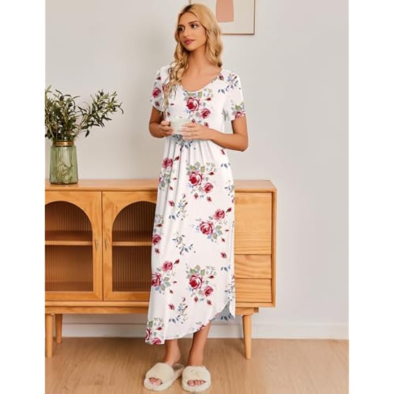 Ekouaer Long Nightgowns for Women House Dress Plus Size Sleepwear Pleated Full Length Loungwear S-4XL 상세이미지 2