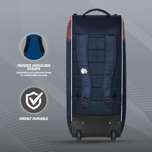 Image of DSC Krunch Duffle Cricket Kit Bag with Wheels - Large Capacity Sports Equipment Travel Bag for Professional Players, Color - Navy /Orange