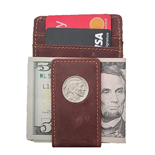 US 1936 Indian Head Buffalo Nickel 5 Cent Coin Magnetic Money Clip and Wallet Combo New - Crazy Horse Water Buffalo Leather