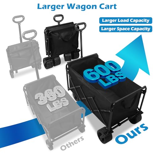 Image of 600LBS Beach Wagons Carts Foldable for Sand, Heavy Duty Collapsible Wagon with Brakes & All-Terrain Big Wheels, Large Foldable Folding Wagons for Beach Camp Sports Grocery, Portable