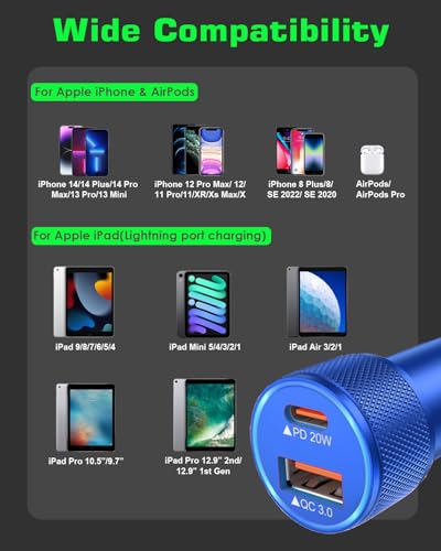 Cargador de coche para iPhone dual USB C rápido con dos cables Lightning para iPhone 14 Pro 7