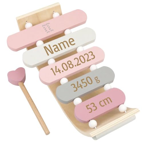 Xylophone aus Holz personalisierbar mit Name und Geburtsdaten Geschenk zur Geburt Rosa