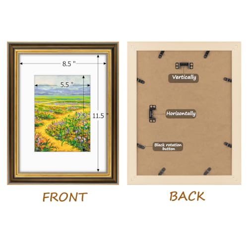 Image of Golden State Art,9x12 Ornate Picture Frame Holds 6x8 Photo,Brown Gold | Includes real glass front,white mat,build-in hangers and buttons.Displays 6x8 photo on wall