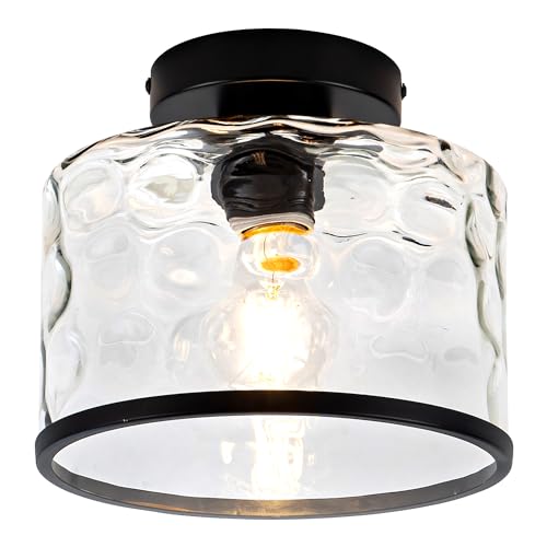 Zlepmlla Glass Ceiling Light Black Semi Flush Mount with Hammered Glass Shade Farmhouse Light Fixture for Hallway Bathroom Entryway Kitchen Living Room