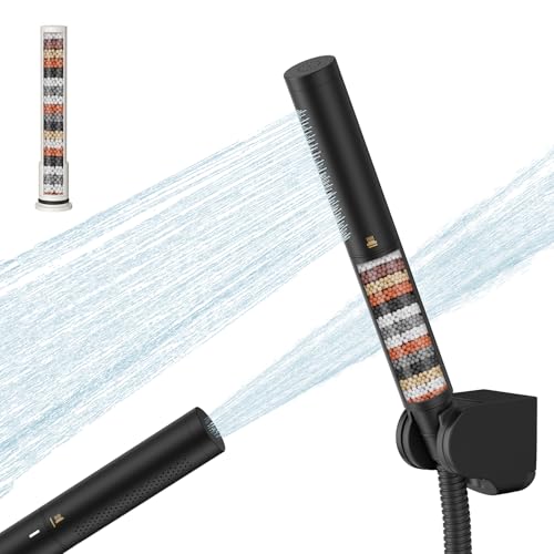 Juego de regadera de mano filtrada RUMOSE, color negro mate, alta presión, con filtro para agua dura, reduce piel seca y con picazón, 2 modos, rociador de mano