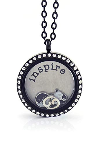 Bg247 Stainless Steel 30Mm Glass Floating Memory Living Locket Circle Necklace (Black Circle, Rhinestone) #TOP4