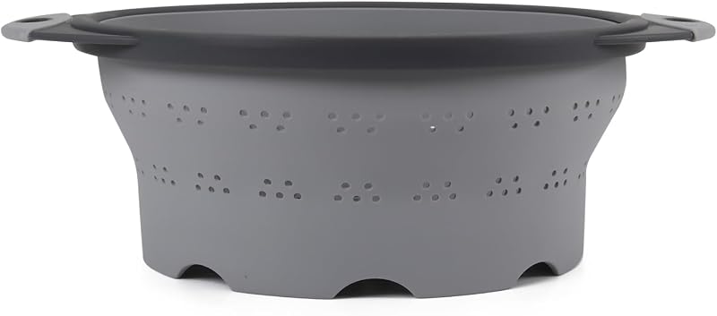 Dexas 8" Collapsible Silicone Colander in Cool Grey, Kitchen Strainer with Handles, 7.2 Cup Capacity | BPA-Free, Heat-Resistant, Space-Saving Kitchen Tool