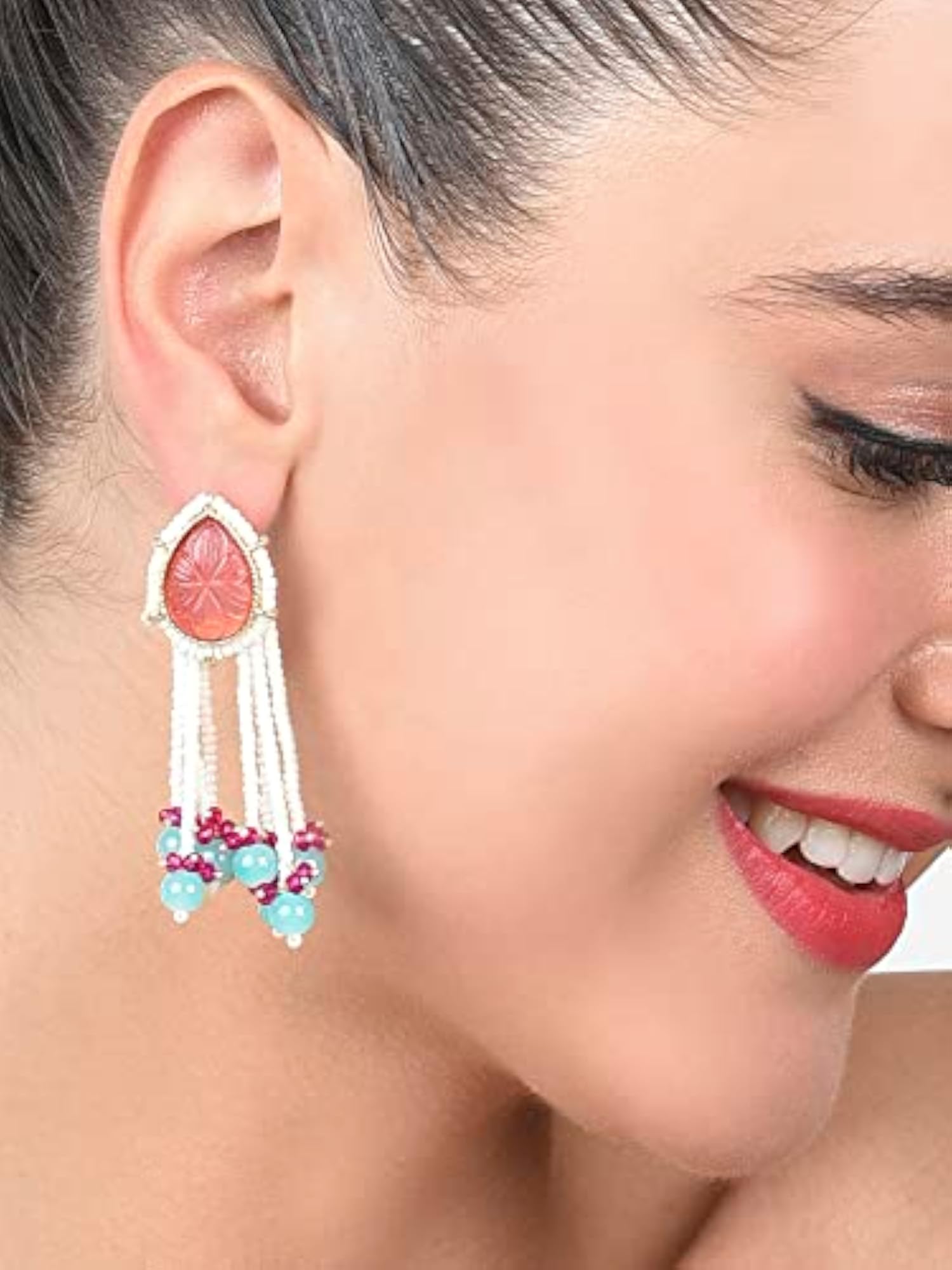 Stones & Beaded Chain Fringe Drop Earring For Women