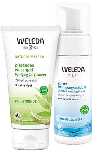 WELEDA Gesichtsreinigung Naturkosmetik Set - Naturally Clear Klärendes Waschgel zur Bekämpfung von Hautunreinheiten + Zarter Reinigungsschaum zur porentiefen Reinigung für normale und Mischhaut