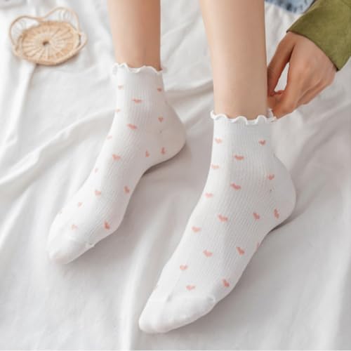 Image of Women's Cute Ruffle Socks Cotton Crew Frilly Ankle Heart Sock For Girls Valentines Gifts 5Pack /All Heart