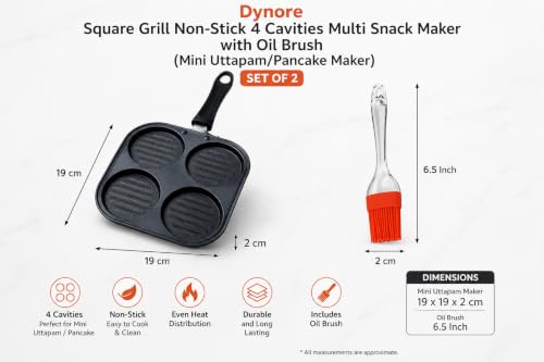 Image of Dynore Square Grill Non-Stick 4 Cavities Multi Snack Maker with Oil Brush, (Mini Uttapam /Pancake Maker)- Set of 2