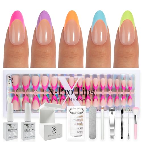 SXC Cosmetics X-Pro Tips French Tip Press On Nails - Bright Pastel Glow in the Dark Series (GLOW115KIT-M Almond)
