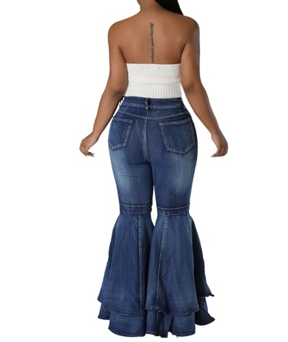 Sexyshine Women's Bell Bottom Jeans High Waist Ruffle Flared Tiered Denim Pants Retro 70s Wide Leg Long Pants3