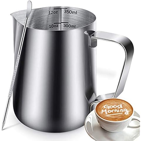 Milk Frothing Jug, Milk Frothing Pitcher Pouring Jug Espresso Cup with Measurement Inside 350ml/12OZ Stainless Steel Creamer Cup with Latte Art Pen for Making Coffee Cappuccino Hot Chocolate Machine Cover