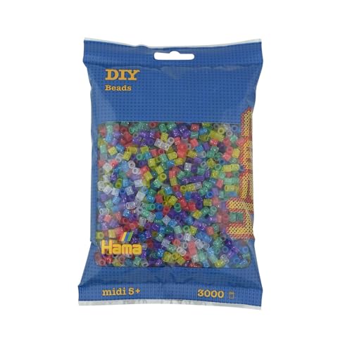 Hama Perlen 201-54 Bügelperlen Beutel mit ca. 3.000 bunten Midi Bastelperlen mit Durchmesser 5 mm im Transparent Glitter Mix kreativer Bastelspaß für Groß und Klein