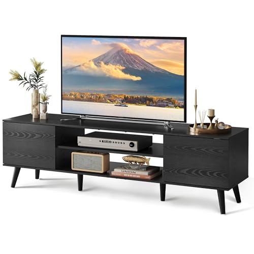 WLIVE TV Schrank Schwarz, 160 x 40 x 47 cm TV Lowboard mit 2 Türen und 2 Offenen Fächern, TV Board für Wohnzimmer, Esszimmer, Schlafzimmer, Schwarz