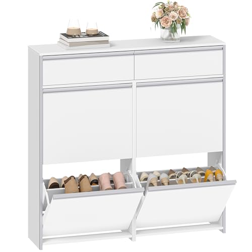 HEXCELEN Meuble à Chaussures Étroit avec 4 Battants, Étagère à Chaussures avec Tiroir, Meuble à Chaussure, Séparateur Réglables, 16 à 24 Paires, pour Couloir, Entrée, 100 x 24 x 99 cm, Blanc-Argent