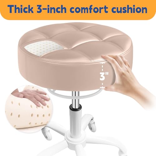 Image of Rolling Stool Heavy Duty 400lb: Super Soft Seat Cushion,360 Swive,Height Adjustability,No Squeaky Noises,No Tip Over,New Upgraded stool Salon Stool Chair, Tattoo Facial Massage Spa Medical(Beige)