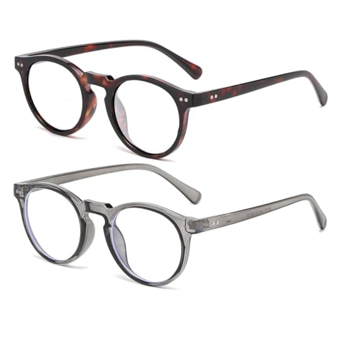 JOVAKIT Round Blue Light Glasses for Women Men Fashion Retro 90s Small Frame Computer Eyeglasses Anti Eyestrain (Tortoise+Transparent Grey)