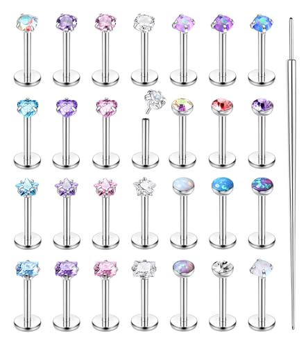 Besteel 28Pcs Threadless Nose Rings Studs Set Surgical Steel Lip Nostril Labret Medusa Piercing Jewelry Push in Tragus Conch Helix Flat Back Earrings for Women Men 16G 18G 20G 6/8mm
