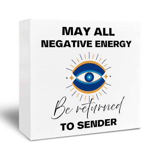 Inspirational Evil Eye Wooden Box Signs - Inspirational Desk Signs 5x5, May All Negative Energy Be Returned to Sender Wood Sign for Home Farmhouse Office Shelf Decor