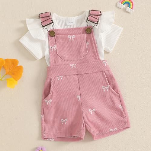 Adobabirl Baby Girl Summer Clothes Ribbed Short Sleeve Romper Bow Print Overalls Shorts Set Infant Cute Summer Outfits2