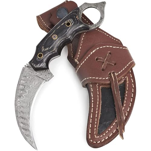 BIGCAT ROAR 7.5″ Handmade Karambit Damascus Hunting Knife with Leather Sheath - Ideal for Skinning, Camping, Outdoor - Full Tang Fixed Blade Karambit Knife with Walnut Wood Handle - Desert Fox
