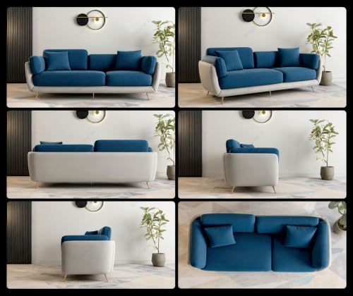 Image of 3 Seater Dual Color Sofa, Velvet Fabric (Blue & Off-White) | Solid wood structure, premium velvet upholstery, sturdy golden legs, ideal for living room seating.