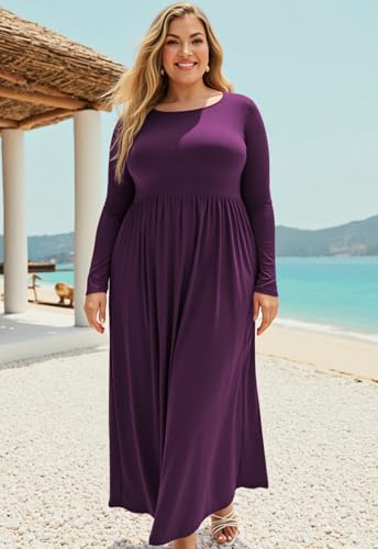Image of Nemidor Plus Size Maxi Dress for Curvy Women Fall Casual Loose Long Sleeve Dresses with Pocket 14-26