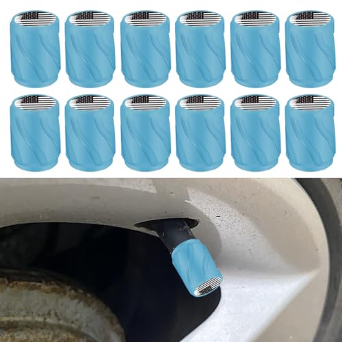 YoRise 12PCS Fluorescent Car Tire Valve Stem Caps, Luminous Illuminated Flag Auto Tire Air Valve Dustproof Cover, Glow in The Dark Wheel Decoration Accessories for SUVs, Trucks, Cars(Blue-Flag)