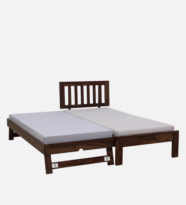 Image of Solid Sheesham Wood Wave Single Size Trundle Bed with 1 Extra Pullout Bed | Wooden Single Bed Cot Palang Furniture for Bedroom Living Room Home and Hotel (Provincial Teak Finish)