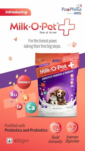 Image of Milk-O-Pet + | Puppy & Kitten Milk Replacer Powder | Strength of Probiotics & Prebiotics | Omega 3, Calcium, Vitamin A, B12 & Zinc | Build Immunity & Improve Digestion | Pack of 400gm