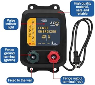 Electric Fence Energizer,PE5 Electric Fence Charger for Livestock Containing Pets and Animal Control-5 Miles/ 20 Acres AC Powered 120 Volt (with Aluminum Wire) 0.20 Joule