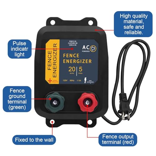Electric Fence Energizer,PE5 Electric Fence Charger for Livestock Containing Pets and Animal Control-5 Miles/ 20 Acres AC Powered 120 Volt (with Aluminum Wire) 0.20 Joule
