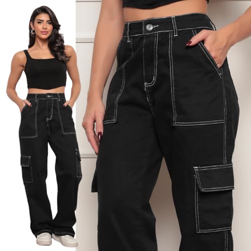 Calça Cargo Feminina Bolsos Laterias Wide Leg Larguinha Cintura Alta