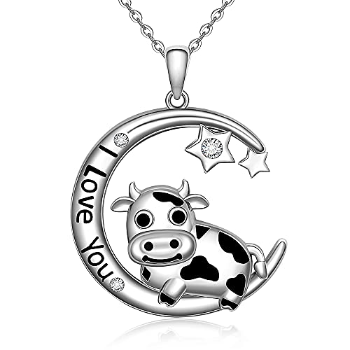 Cow Necklace I Love You Sterling Silver Cow Pendant Moon and Star Necklaces for Women Teen Girls Cow Gifts Jewelry