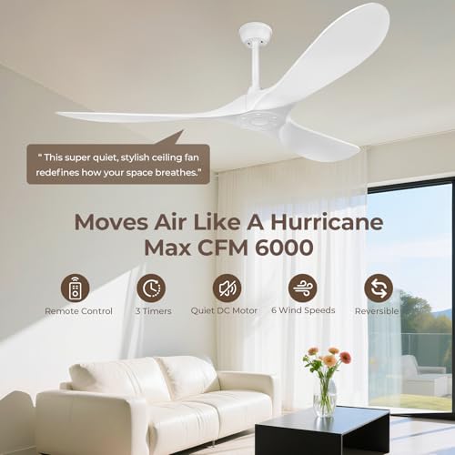 Image of Obabala 60 Inch Ceiling Fan Without Lights, White | Outdoor Ceiling Fan with Remote, 6-Speed Adjustable Reversible DC Motor for Patio & Living Room