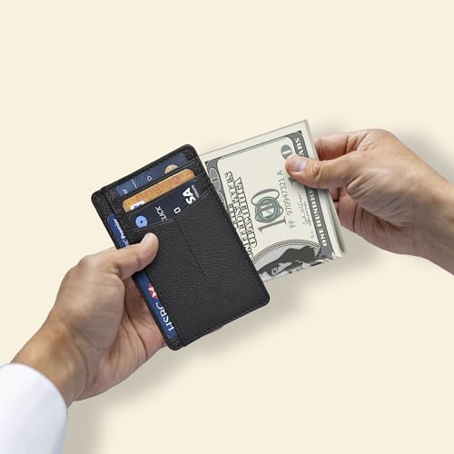 Image of Oak Leathers Leather Slim Minimalist Wallet for Men & Women RFID Front Pocket Leather Card Holder Wallets (Jet Black)