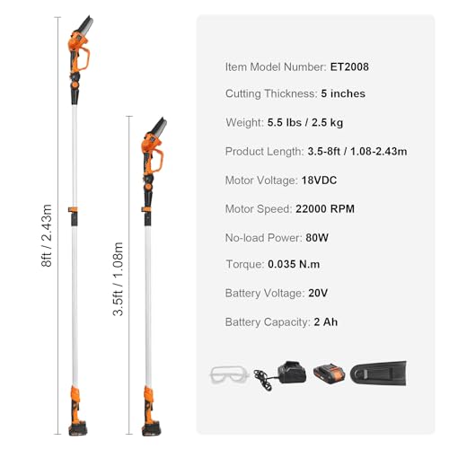 VEVOR 2-in-1 Cordless Pole Saw & Mini Chainsaw, 20V 2Ah Battery Pole Chainsaw, 5" Cutting Capacity 14Ft Reach Pole Saw for Branch Cutting & Tree Trimming (Battery and Blade Cover Included) by VEVOR - Image 7