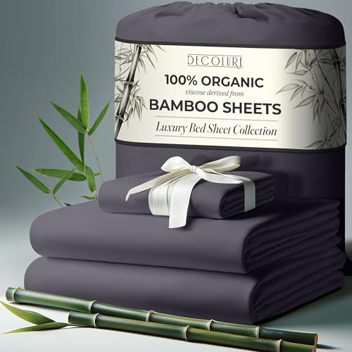 DECOLURE 100% Organic Viscose Derived from Bamboo Sheets Twin Size 3pcs - Ultra Soft & Luxuriously Cooling, 17" Deep Pocket, Double Stitching, Perfect for Hot Sleepers - Twin Bed Sheets (Grey)