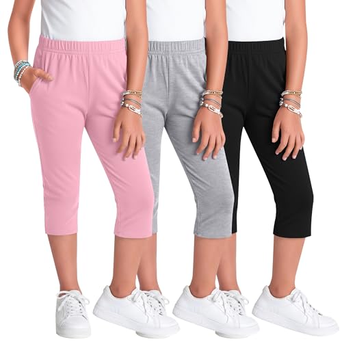 Langyiwee 3 Pack Girls Capri Pants 5-16 Years Kids Capris Elastic Waist Casual Summer Lightweight Cropped Pants with Pockets(11-12 Years Pink Light Gray Black)