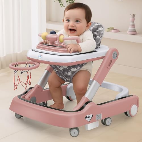 Image of Little Olive Baby Walker for Kids | Foldable & Adjustable Height Walker with Basketball Hoop, Interactive Activity Toy Bar, Comfortable Padded Seat & Smooth Wheels | Baby Walker for Boys & Girls (Pink)