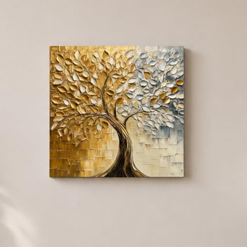Image of PAINTINGMANTRA Abstract Tree Canvas Stretched Canvas Painting for Living Room | Modern Nature Artwork Wall Decor Art For Livingroom, Bedroom, Office, Hallways - 16x16 Inch