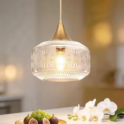 9'' Vintage Gold Pendant Light with Clear Glass, Adjustable Pendant Lighting for Kitchen Island Brushed Pendant Lights Convertible Ceiling Mount Or Hanging Fixture for Hallway Bathroom,Brown Bronze