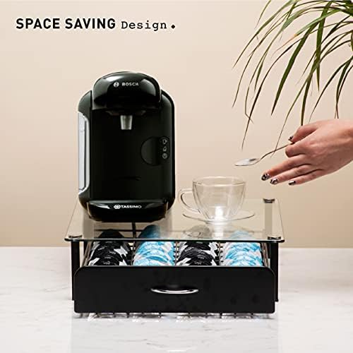 Peak Coffee Capsule Pod T Discs Drawer Tray Holder for 36 Tassimo/Bartesian Pods - Organiser & Machine Stand with Tempered Glass Top - Smooth Drawer Action